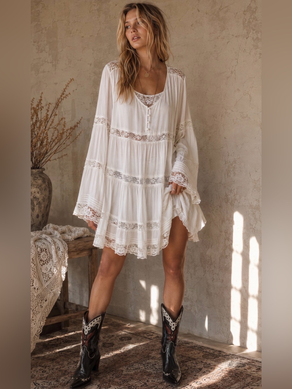 White Lace Boho Tunic Dress | Romantic Cottagecore Festival Mini | Size 8